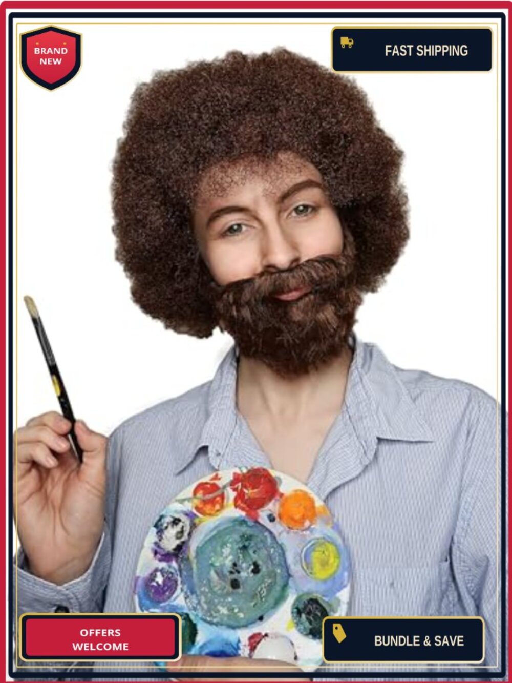 Curly Brown Afro Wig & Beard Set Costume Hairpiece Halloween Cosplay